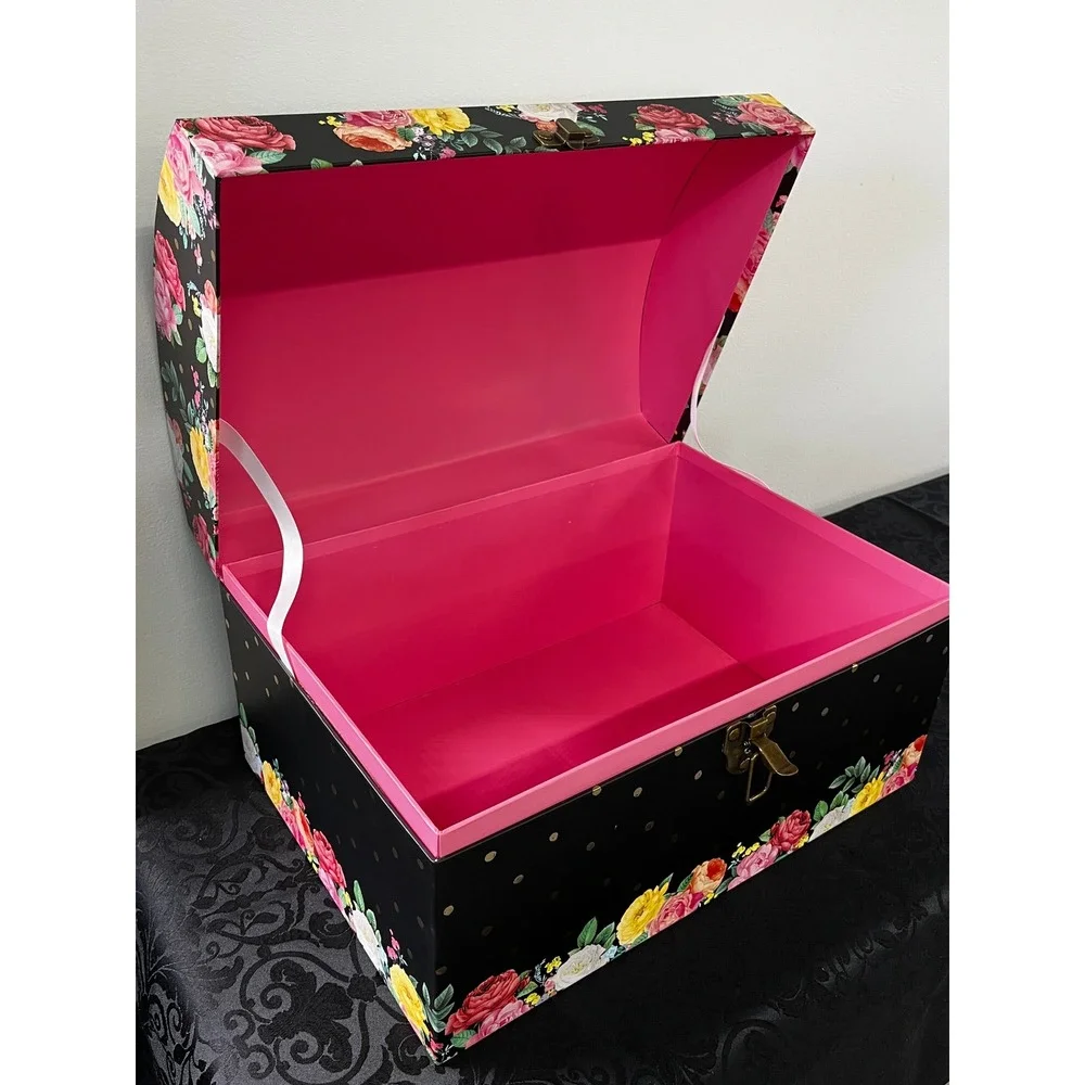 Floral Polka Dot Decorative Storage Trunk Black Pink Rose Gold Latch Chest 15.5
